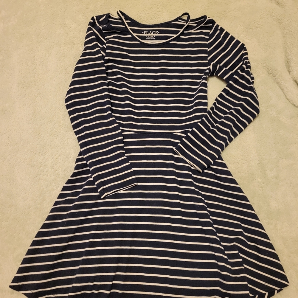 Long sleeve navy and white striped dress